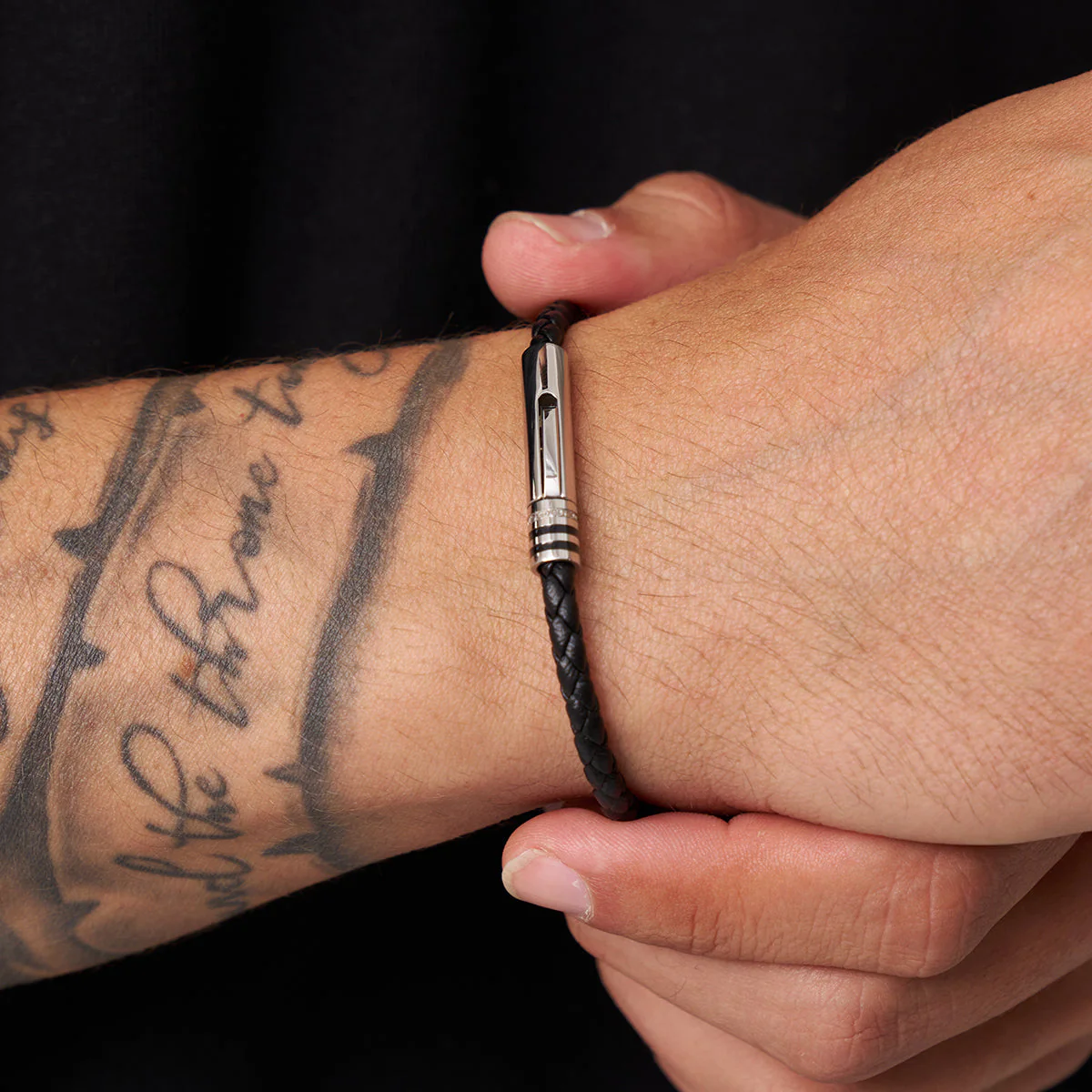 Black Leather Bracelet (Silver) - Image 2