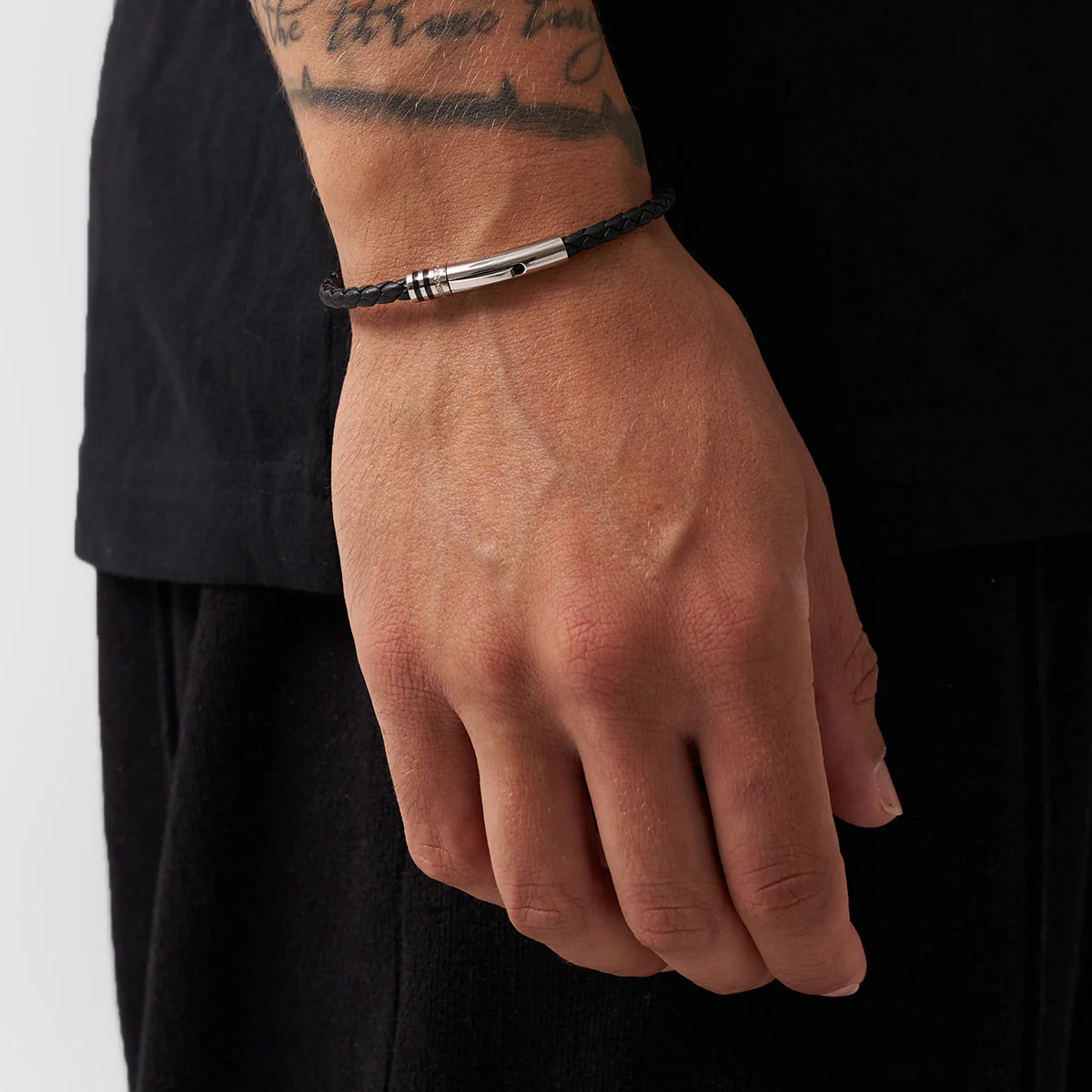 Black Leather Bracelet (Silver) - Image 4