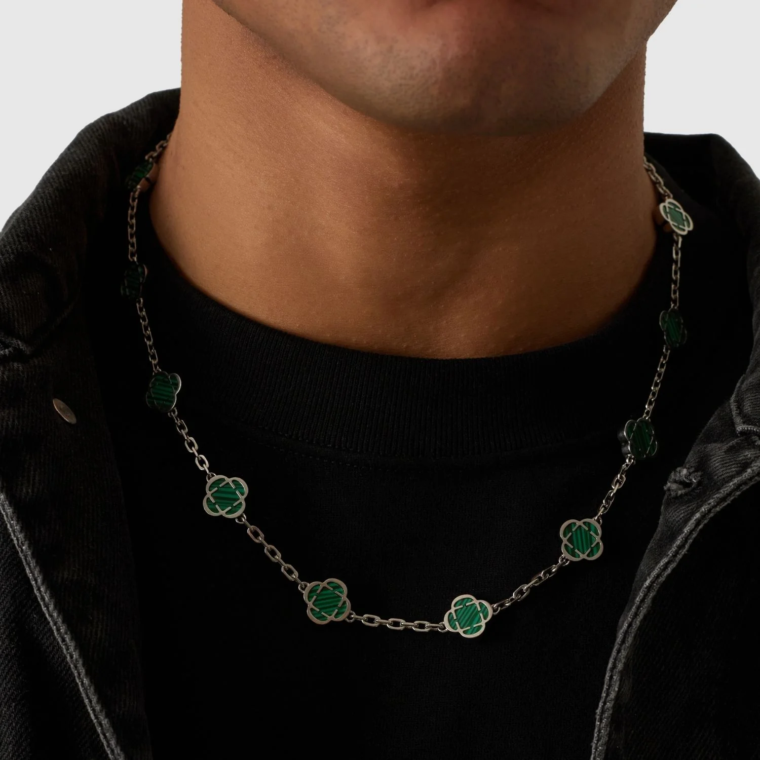 Malachite Clover Stone Necklace (Silver) - Image 7