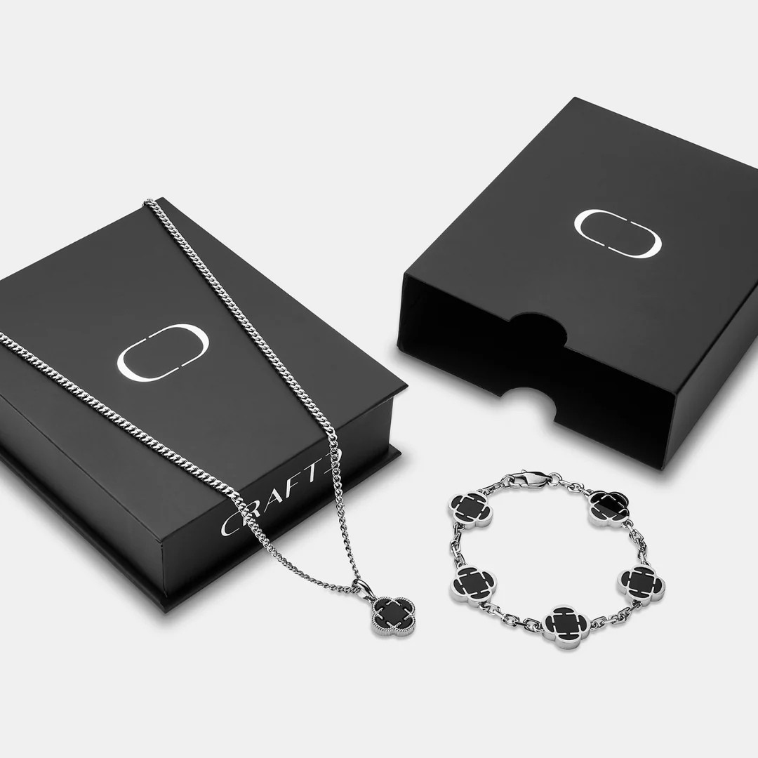 Onyx Clover Pendant Gift Set (Silver) - Image 2